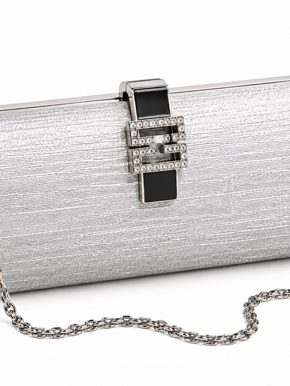 Vintage Silver Metallic Long Evening Clutch with Chain – Elegant Classic